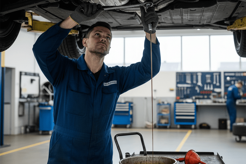 Mecanic schimbând uleiul unei mașini într-un service auto modern, reprezentând lucrările uzuale: schimb ulei și filtre, reparații frâne, geometrie roți, reparații motor și direcție.