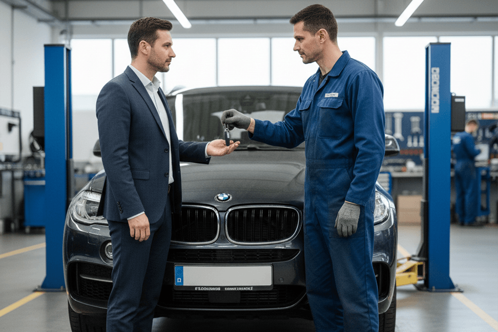 Client predând cheile mecanicului într-un service auto luminos și modern, ilustrând beneficiile programării online pentru reparații, diagnoză, tinichigerie și vopsitorie.