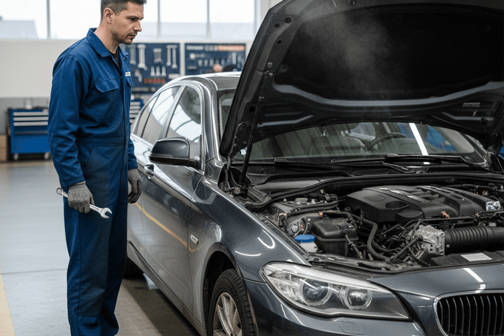 Mașină sosind la service pentru intervenție rapidă, cu mecanic pregătit să acționeze, simbolizând serviciile de urgență: asistență rutieră și recepție rapidă auto.
