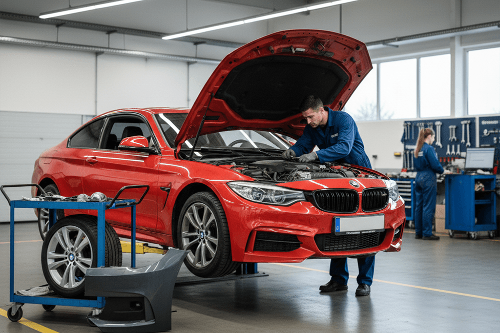 Mecanic lucrând la o mașină într-un service auto multimarcă modern din București, zona Viilor, reprezentând diagnoză, reparații și constatări daune pentru diverse mărci de automobile.