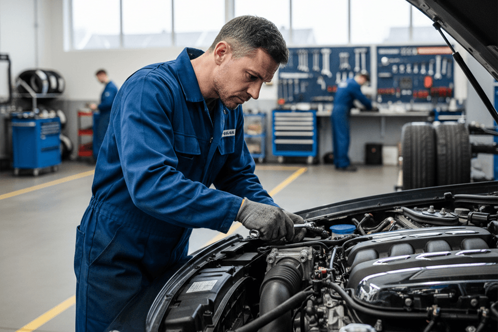 Mecanic lucrând la motorul unei mașini într-un service auto modern, reprezentând serviciile disponibile pentru programare online: tinichigerie, vopsitorie, electrică, mecanică și diagnostic auto.
